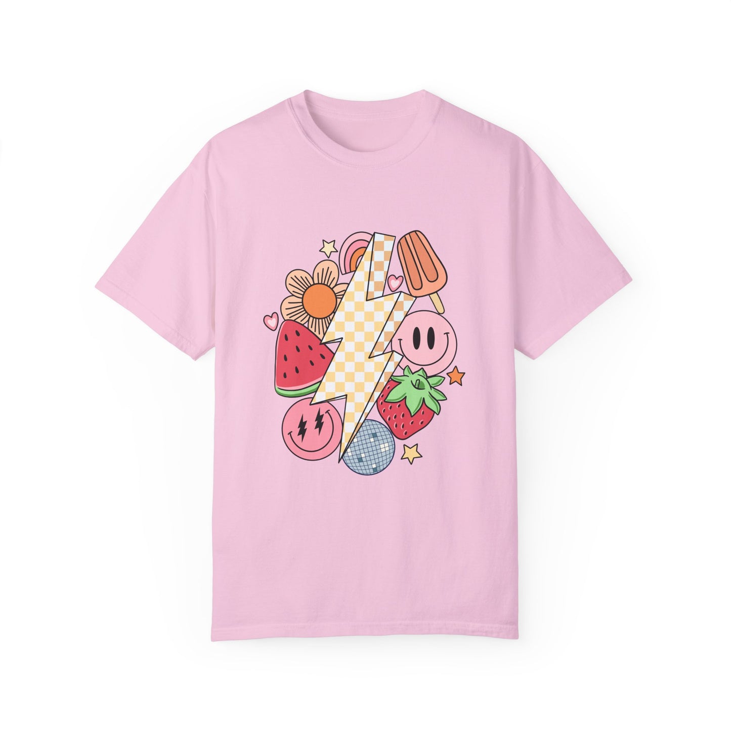 Retro Lightning Bolt Smiley Face Collage T-Shirt (COMFORT COLORS)
