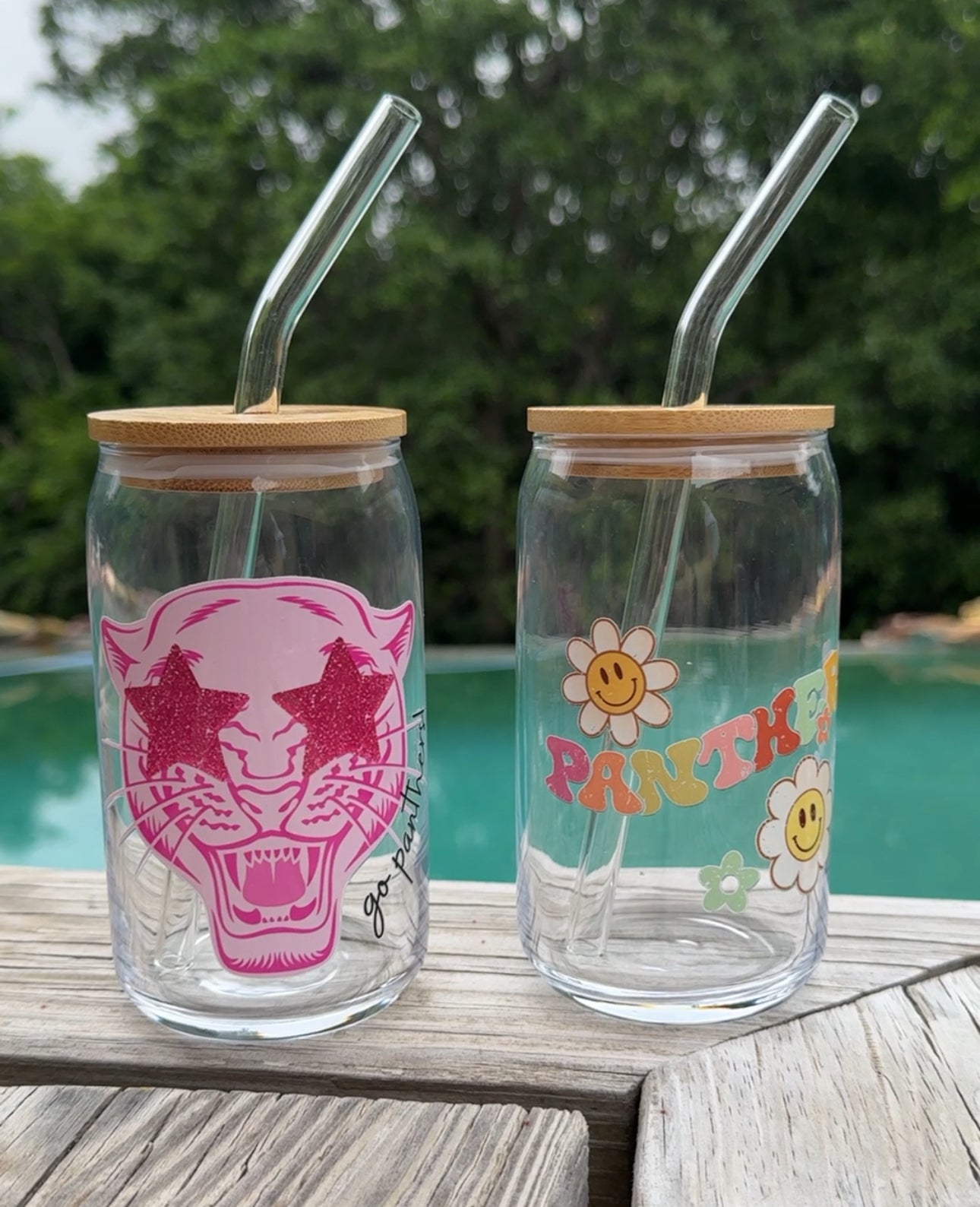 Panthers Glass Cup with Bamboo Lid