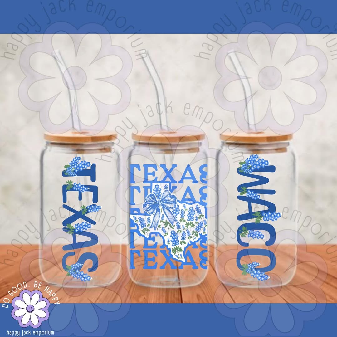 Bluebonnet Glass Cups w/Bamboo Lid