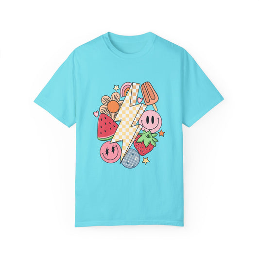Retro Lightning Bolt Smiley Face Collage T-Shirt (COMFORT COLORS)