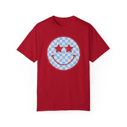 Red & Blue Smiley Face T-Shirt (COMFORT COLORS)