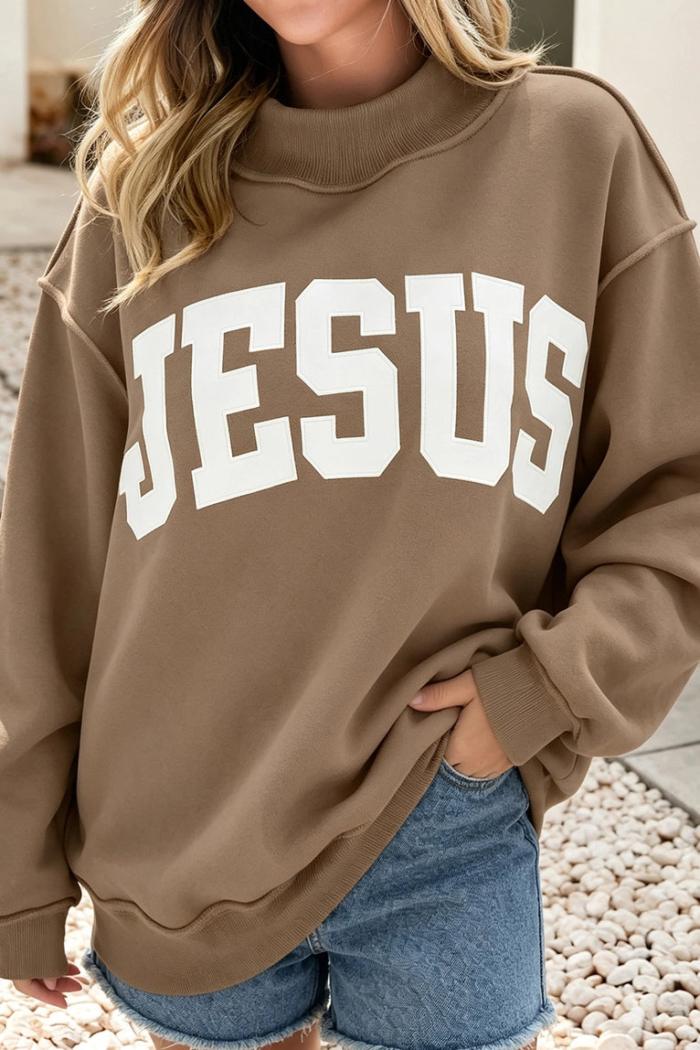 PRE-ORDER: JESUS - DARK KHAKI-oversized mockneck-embroidered lettering
