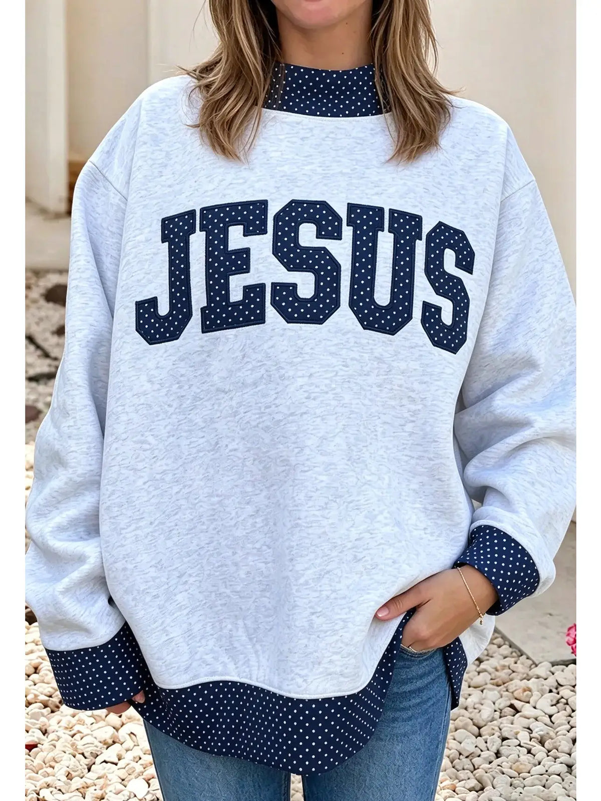 PRE-ORDER: JESUS oversized mockneck-embroidered lettering-polkadot